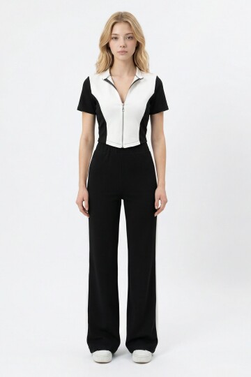 Siyah Renk Bloklu Fermuarlı Yumuşak Dokulu Kumaş Eşofman Takımı