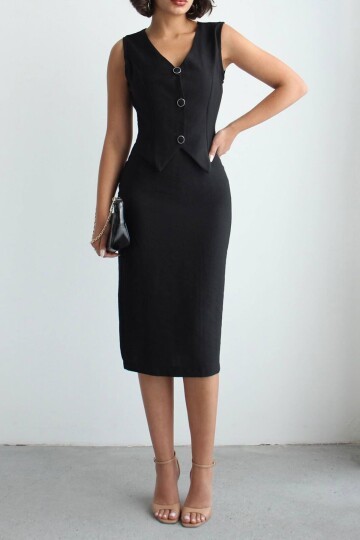 Siyah Tensel Kumaş Yelek Ve Elbise 2 Li Takım Model Elbise