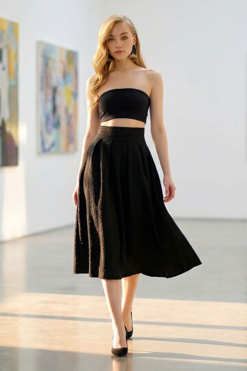 Siyah Yüksek Bel Geniş Kemerli Gizli Fermuarlı Midi Boy Dokulu Etek BCHNT-251236