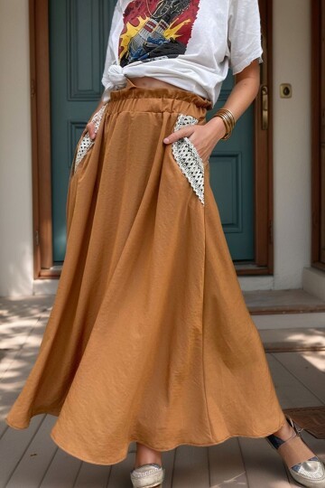 Taba Cebi Hasır Detaylı Beli Lastikli Salaş Etek