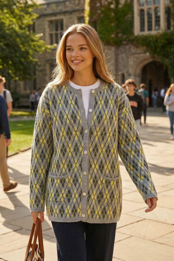 Tereyağı Sarısı Baklava Desenli Düğmeli Cepli Triko Hırka BCHPK-251254