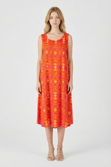 Turuncu Asimetrik Kesim U Yaka Desenli Elbise