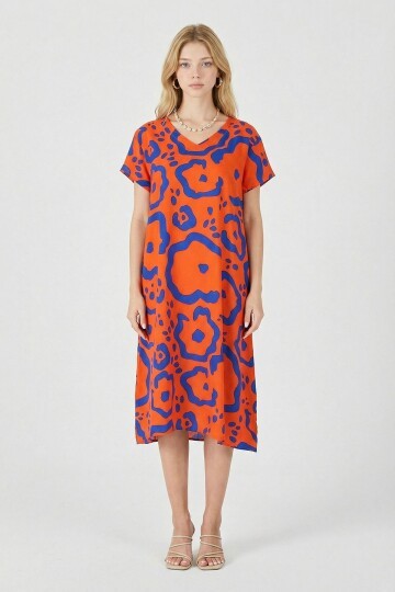 Turuncu Desenli Derin V Yaka Midi Boy Elbise