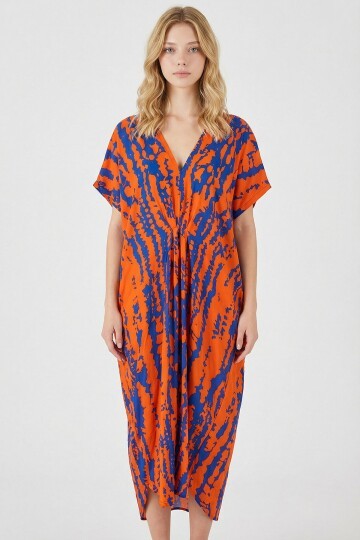 Turuncu Desenli V Yaka Salaş Kesim Kaftan Elbise