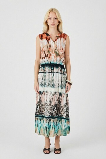 Turuncu-Ekru Çentik Yaka Düğmeli Desenli Kolsuz Midi Elbise