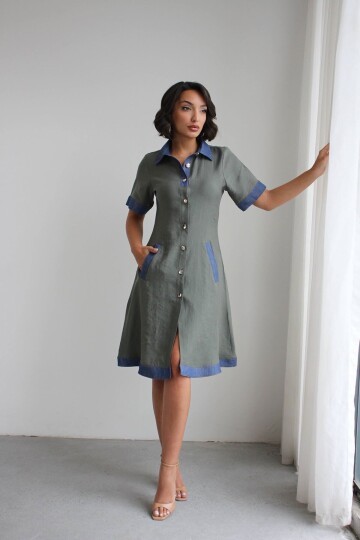 Yeşil Denim Garnili Düğmeli Tensel Dokuma Elbise