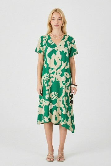 Yeşil Derin V Yaka Yırtmaçlı Desenli Midi Boy Elbise