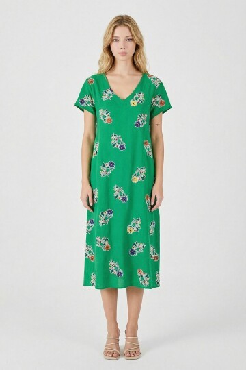 Yeşil Desenli Derin V Yaka Midi Boy Elbise