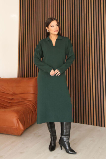 Zümrüt Yeşili Polo Yaka Midi Boy Triko Elbise BCES-253018
