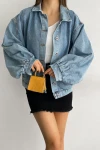 Açık Mavi Çift Cepli Balon Kollu Oversize Denim Jean Ceket BCDF-235402