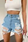 Buz Mavisi Yıkamalı Lazer Yırtıklı Mini Denim Şort BCDF-233301