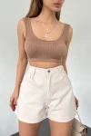 Krem Çift Cepli Pileli Mini Denim Şort BCDF-233302