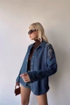 Mavi Omuz Ve Sırtı Nakış İşlemeli Çıtçıtlı Çift Cepli Denim Gömlek Ceket BCEQ-231018