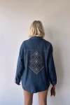 Mavi Omuz Ve Sırtı Nakış İşlemeli Çıtçıtlı Çift Cepli Denim Gömlek Ceket BCEQ-231018