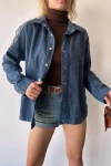 Mavi Omuz Ve Sırtı Nakış İşlemeli Çıtçıtlı Çift Cepli Denim Gömlek Ceket BCEQ-231018