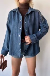 Mavi Omuz Ve Sırtı Nakış İşlemeli Çıtçıtlı Çift Cepli Denim Gömlek Ceket BCEQ-231018