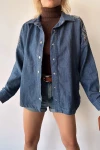 Mavi Omuz Ve Sırtı Nakış İşlemeli Çıtçıtlı Çift Cepli Denim Gömlek Ceket BCEQ-231018