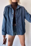 Mavi Omuz Ve Sırtı Nakış İşlemeli Çıtçıtlı Çift Cepli Denim Gömlek Ceket BCEQ-231018