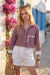 Bordo Manşet Ve Cepleri Garnili Çizgili Oversize Crop Dokuma Gömlek