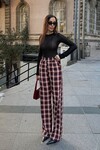 Bordo Yüksek Bel İspanyol Paça Ekose Pantolon