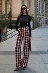 Bordo Yüksek Bel İspanyol Paça Ekose Pantolon