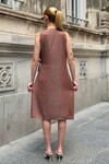 Kahverengi Sıfır Kol Yandan Bağlamalı Tensel Kumaş Dokuma Elbise