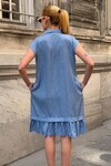 Mavi Fırfırlı Önü Düğmeli Tensel Kumaş Dokuma Elbise