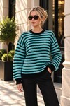 Mint Renkli Çizgili Oversize Bisiklet Yaka Kazak