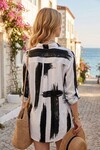 Siyah Beyaz Abstract Desenli Vual %100 Pamuk Oversize Gömlek