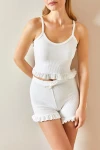Beyaz İp Askılı Fırfırlı Pamuklu Ev Giyimi Pijama Takım BC241122