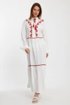 Maxi Boy Beyaz Nakış İşlemeli Uzun Boy Dokuma Elbise BCVL-241005