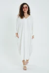 Maxi Boy Beyaz V Yaka Sırtı Nakışlı Oversize Uzun Dokuma Gömlek Elbise BCVL-24906