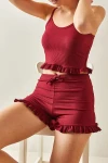 Bordo İp Askılı Fırfırlı Pamuklu Ev Giyimi Pijama Takım BC241122