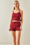Bordo İp Askılı Fırfırlı Pamuklu Ev Giyimi Pijama Takım BC241122