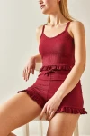 Bordo İp Askılı Fırfırlı Pamuklu Ev Giyimi Pijama Takım BC241122