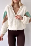 Ekru  Kapüşonlu Fermuarlı Kolları Renk Bloklu Oversize Peluş Sweatshirt BC231040