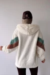 Ekru  Kapüşonlu Fermuarlı Kolları Renk Bloklu Oversize Peluş Sweatshirt BC231040