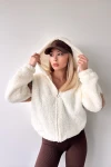 Ekru  Kapüşonlu Fermuarlı Kolları Renk Bloklu Oversize Peluş Sweatshirt BC231040