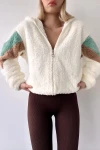 Ekru  Kapüşonlu Fermuarlı Kolları Renk Bloklu Oversize Peluş Sweatshirt BC231040