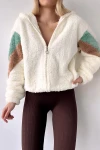 Ekru  Kapüşonlu Fermuarlı Kolları Renk Bloklu Oversize Peluş Sweatshirt BC231040