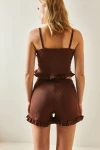 Kahverengi İp Askılı Fırfırlı Pamuklu Ev Giyimi Pijama Takım BC241122