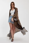 Maxi Boy Kahverengi Leopar Desenli Beli Kuşaklı Uzun Boy Dokuma Kimono Ceket BCVL-24964