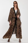 Maxi Boy Kahverengi Leopar Desenli Beli Kuşaklı Uzun Boy Dokuma Kimono Ceket BCVL-24964