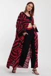 Maxi Boy Kırmızı Geometrik Desenli Pantolon Ve Uzun Kimono Ceket Alt Üst Takım BCVL-241015