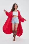 Maxi Boy Kırmızı Sırtı Ve Kolları Nakışlı Kemer Bağlamalı Uzun Kimono Ceket BCVL-24911