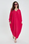 Maxi Boy Kırmızı V Yaka Sırtı Nakışlı Oversize Uzun Dokuma Gömlek Elbise BCVL-24906