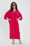 Maxi Boy Kırmızı V Yaka Sırtı Nakışlı Oversize Uzun Dokuma Gömlek Elbise BCVL-24906