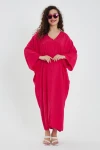 Maxi Boy Kırmızı V Yaka Sırtı Nakışlı Oversize Uzun Dokuma Gömlek Elbise BCVL-24906
