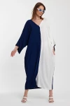 Maxi Boy Lacivert Beyaz Nakış İşlemeli Renk Bloklu Uzun Boy Dokuma Elbise BCVL-24956
