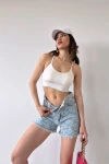 Mavi Paçası Püsküllü Desenli Denim Şort BCDF-243306-1